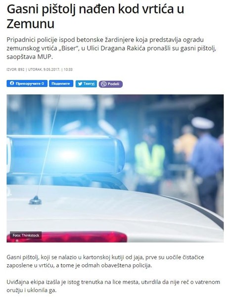 Serbia-avmp/Gasni-pistolj-naden-kod-vrtica-u-Zemunu