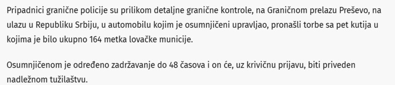 Serbia-avmp/Grcki-drzavljanin-sprecen-da-unese-164-lovacka-metka-u-Srbiju-Zaplena-na-prelezu-Presevo