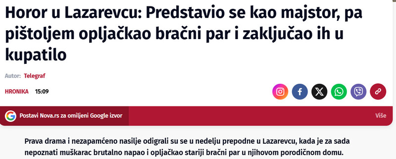 Serbia-avmp/Horor-u-Lazarevcu-Predstavio-se-kao-majstor-pa-pistoljem-opljackao-bracni-par-i-zakljucao-ih-u-kupatilo