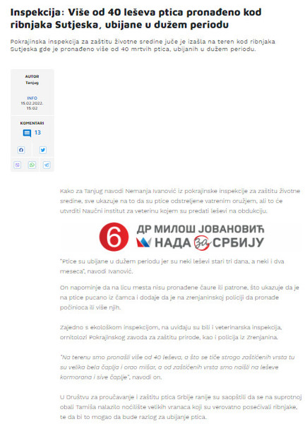Serbia-avmp/Inspekcija_-Vise-od-40-leseva-ptica-pronadeno-kod-ribnjaka-Sutjeska-ubijane-u-