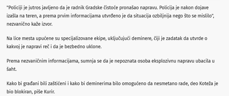 Serbia-avmp/Jake-policijske-snage-u-Kotezu-Radnik-Gradske-cistoce-pronasao-eksplozivnu-napravu-u-sahtu_1