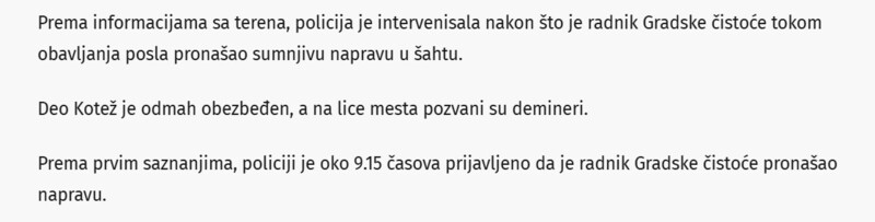 Serbia-avmp/Jake-policijske-snage-u-Kotezu-Radnik-Gradske-cistoce-pronasao-eksplozivnu-napravu-u-sahtu