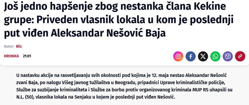 Serbia-avmp/Jos-jedno-hapsenje-zbog-nestanka-clana-Kekine-grupe-Priveden-vlasnik-lokala-u-kom-je-poslednji-put-viden-Aleksandar-Nesovic-Baja