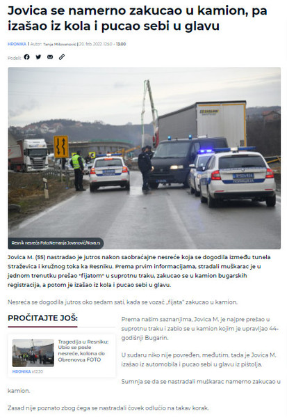 Serbia-avmp/Jovica-se-namerno-zakucao-u-kamion-pa-izasao-iz-kola-i-pucao-sebi-u-glavu