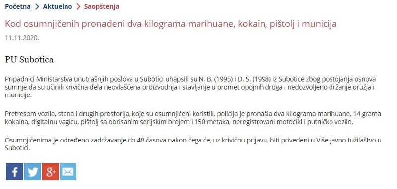 Serbia-avmp/Kod-osumnjicenih-pronadeni-dva-kilograma-marihuane-kokain-pistolj-i-municija