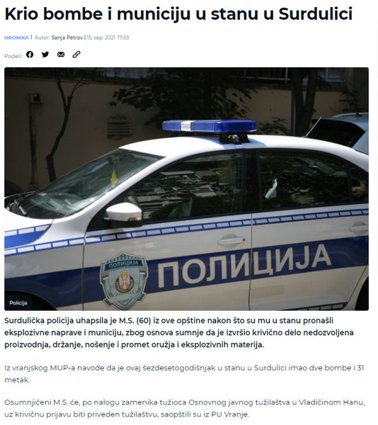 Serbia-avmp/Krio-bombe-i-municiju-u-stanu-u-Surdulici