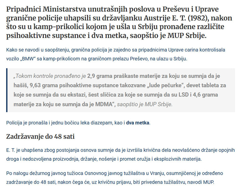 Serbia-avmp/LUDE-PECURKE-NA-GRANICI-Droga-i-municija-pronadeni-u-kamp-prikolici-uhapsena-Austrijanka-na-Presevu_1