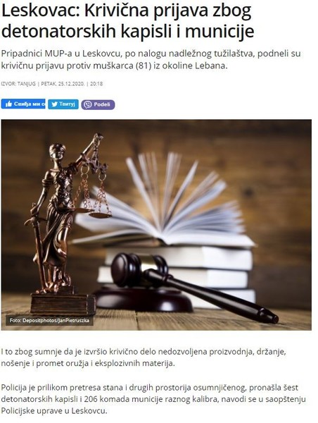 Serbia-avmp/Leskovac_-Krivicna-prijava-zbog-detonatorskih-kapisli-i-municije