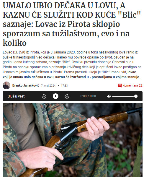 Serbia-avmp/Lovac-iz-Pirota-koji-je-umalo-ubio-decaka-u-lovu-sklopio-sporazum-sa-tuzilastv