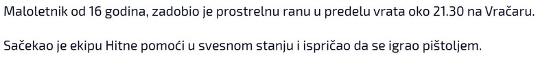 Serbia-avmp/Maloletnik-dobio-prostrelnu-ranu-hitnoj-rekao-da-se-igrao-pistoljem