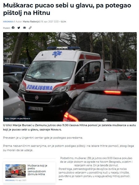Serbia-avmp/Muskarac-pucao-sebi-u-glavu-pa-potegao-pistolj-na-Hitnu