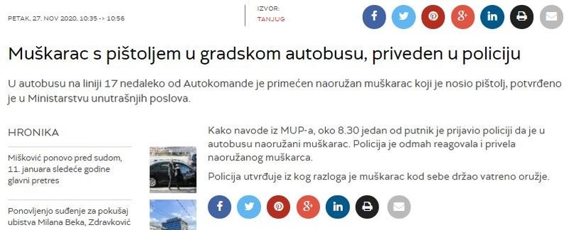 Serbia-avmp/Muskarac-s-pistoljem-u-gradskom-autobusu-priveden-u-policiju