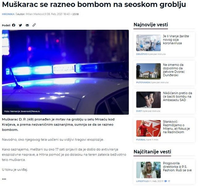 Serbia-avmp/Muskarac-se-razneo-bombom-na-seoskom-groblju