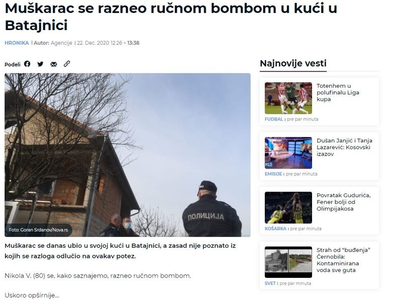Serbia-avmp/Muskarac-se-razneo-rucnom-bombom-u-kuci-u-Batajnici