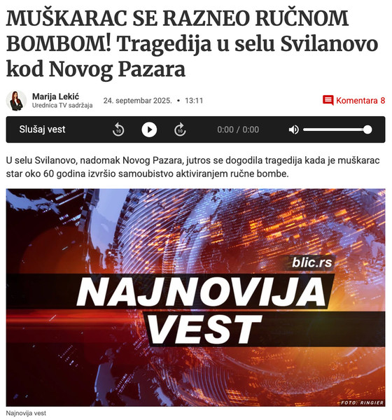 Serbia-avmp/Muskarac-se-razneo-rucnom-bombom-u-selu-Svilanovo-kod-Novog-Pazara---Blic