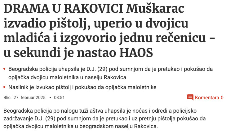 Serbia-avmp/Muskarac-u-Rakovici-uperio-pistolj-u-dvojicu-mladica-ubrzo-su-se-zacule-sirene