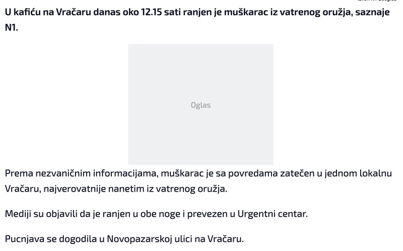 Serbia-avmp/Muskarac-upucan-u-kaficu-na-Vracaru---Vesti-iz-Srbije-regiona-i-sveta---N1-inf