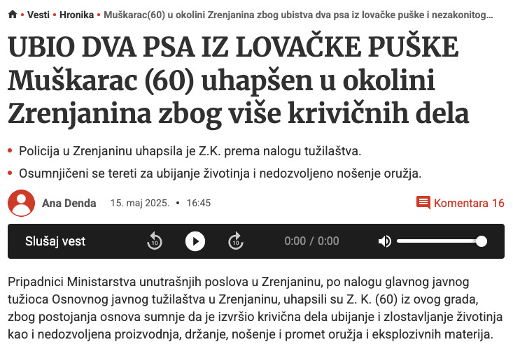 Serbia-avmp/Muskarac60-u-okolini-Zrenjanina-zbog-ubistva-dva-psa-iz-lovacke-puske-i-nezako