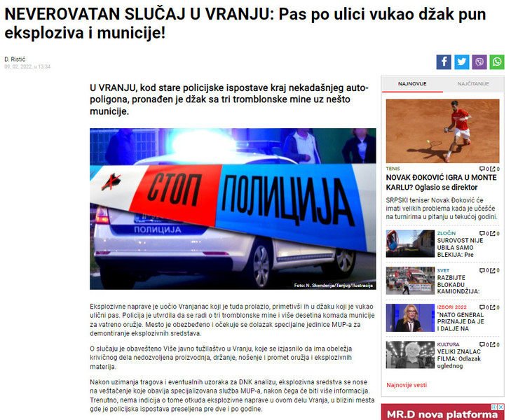 Serbia-avmp/NEVEROVATAN-SLUCAJ-U-VRANJU_-Pas-po-ulici-vukao-dzak-pun-eksploziva-i-municije