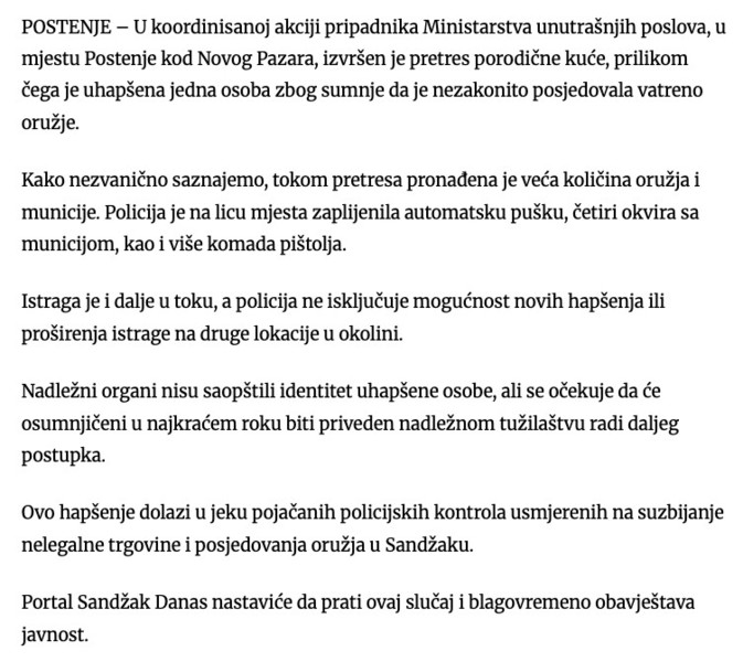 Serbia-avmp/NOVI-PAZAR_-Uhapsena-osoba-u-Postenju-zbog-ilegalnog-oruzja--Policijska-akcija