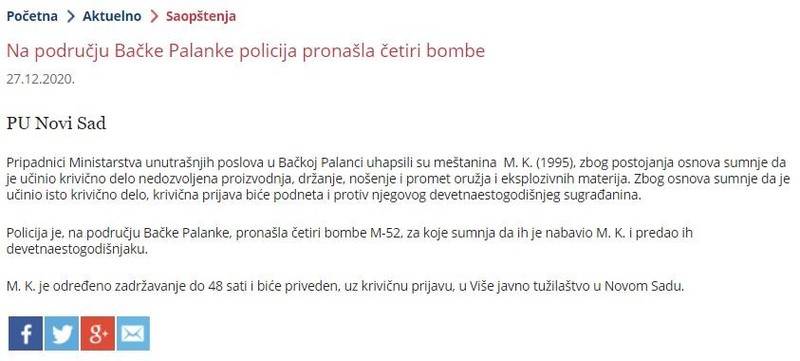 Serbia-avmp/Na-podrucju-Backe-Palanke-policija-pronasla-cetiri-bombe