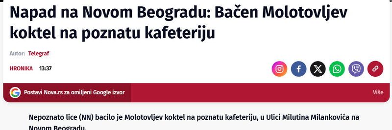 Serbia-avmp/Napad-na-Novom-Beogradu-Bacen-Molotovljev-koktel-na-poznatu-kafeteriju
