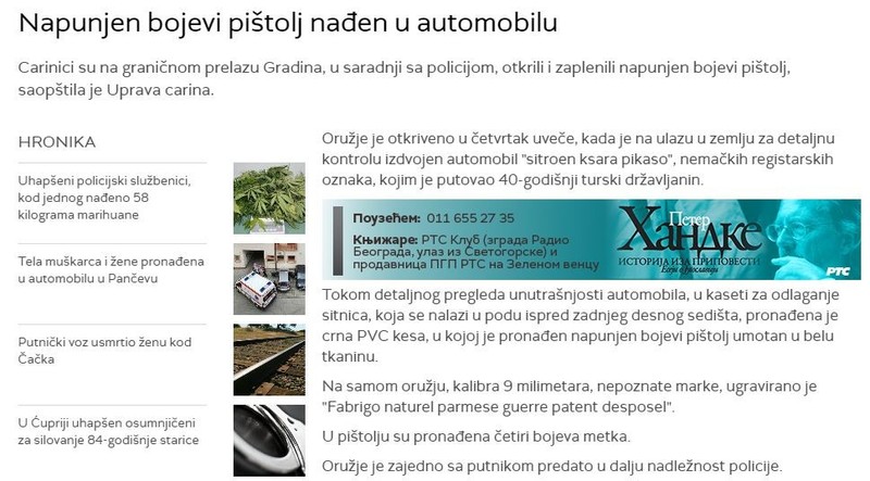 Serbia-avmp/Napunjen-bojevi-pistolj-naden-u-automobilu