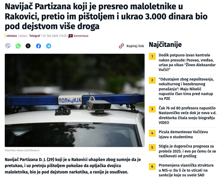 Serbia-avmp/Navijac-Partizana-koji-je-presreo-maloletnike-u-Rakovici-pretio-im-pistoljem-i