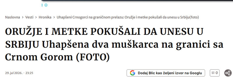 Serbia-avmp/ORUZJE-I-METKE-POKUSALI-DA-UNESU-U-SRBIJU-Uhapsena-dva-muskarca-na-granici-sa-Crnom-Gorom-FOTO