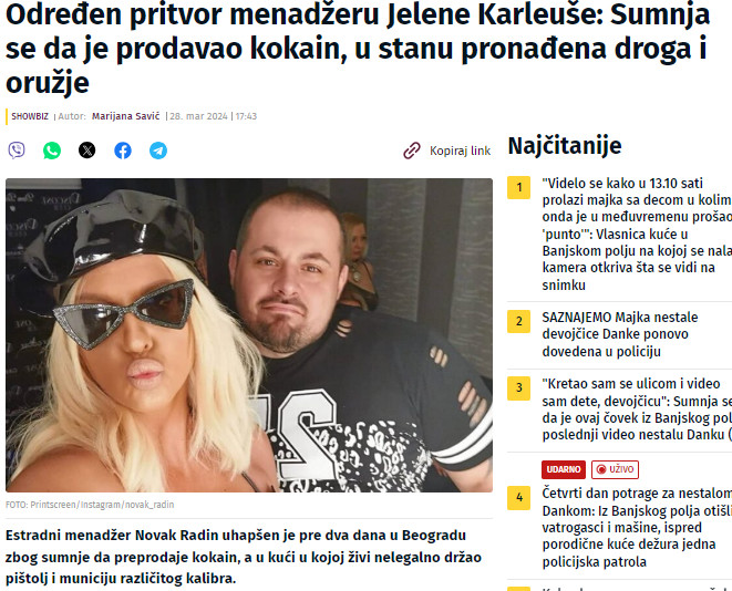 Serbia-avmp/Odreden-pritvor-menadzeru-Jelene-Karleuse_-Sumnja-se-da-je-prodavao-kokain-u-s