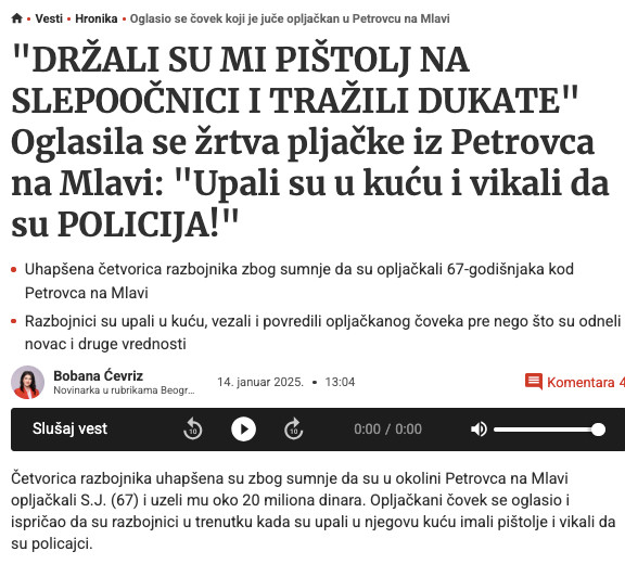 Serbia-avmp/Oglasio-se-covek-koji-je-juce-opljackan-u-Petrovcu-na-Mlavi---Blic