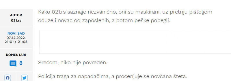 Serbia-avmp/Opljackana-menjacnica-na-Novom-naselju-Uzeli-novac-uz-pretnju-pistoljem-i-pobe_1