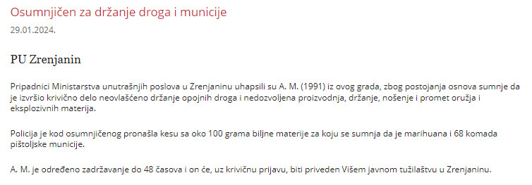 Serbia-avmp/Osumnjicen-za-drzanje-droga-i-municije