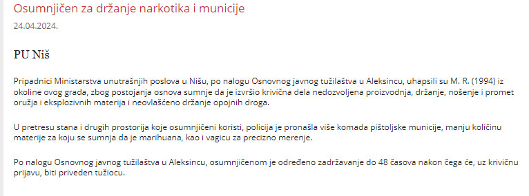 Serbia-avmp/Osumnjicen-za-drzanje-narkotika-i-municije
