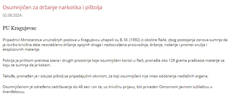 Serbia-avmp/Osumnjicen-za-drzanje-narkotika-i-pistolja