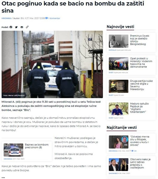 Serbia-avmp/Otac-poginuo-kada-se-bacio-na-bombu-da-zastiti-sina