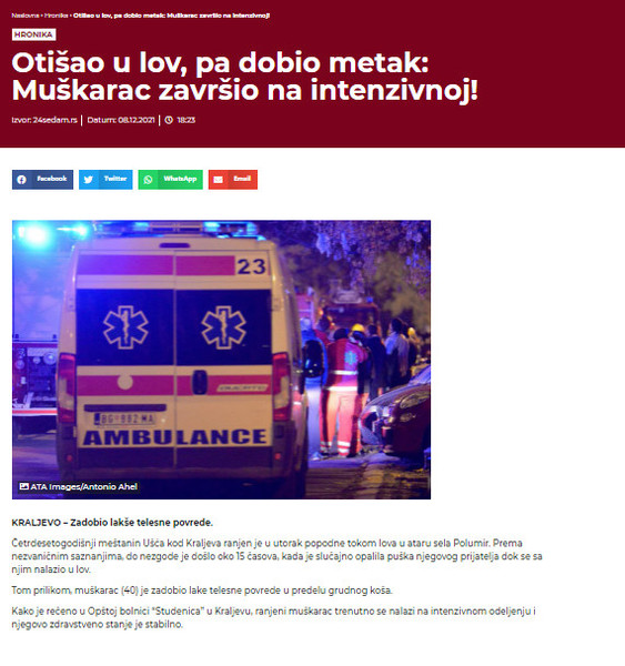 Serbia-avmp/Otisao-u-lov-pa-dobio-metak_-Muskarac-zavrsio-na-intenzivnoj-_-Vojvodina-uzivo