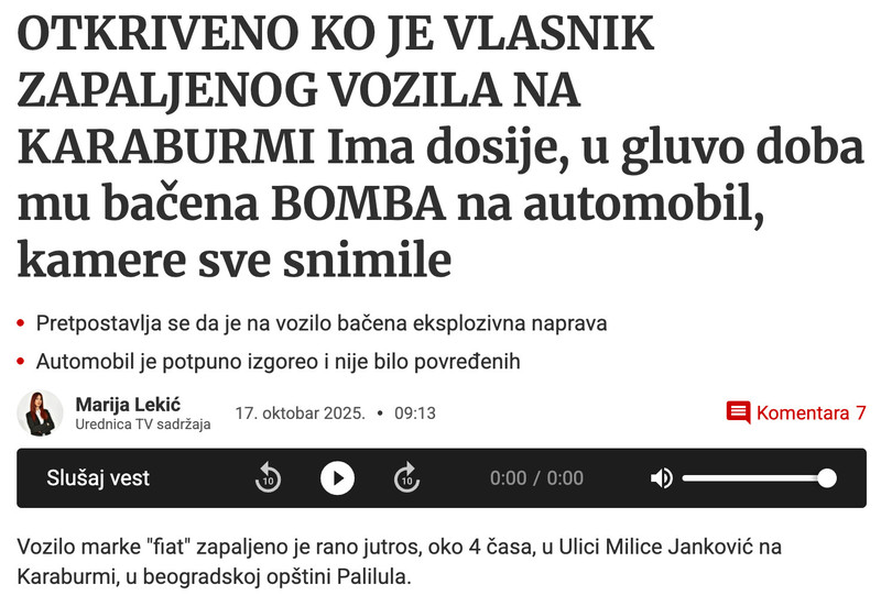 Serbia-avmp/Otkrivamo-ko-je-vlasnik-automobila-na-koji-je-bacena-bomba-na-Karaburmi---Blic