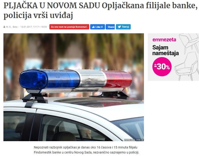 Serbia-avmp/PLJACKA-U-NOVOM-SADU-Opljackana-filijale-banke-policija-vrsi-uvidaj