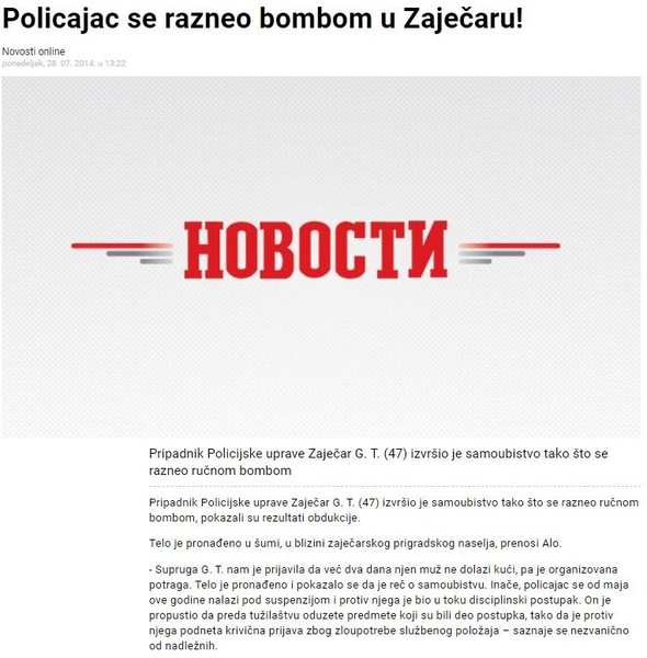 Serbia-avmp/Policajac-se-razneo-bombom-u-Zajecaru