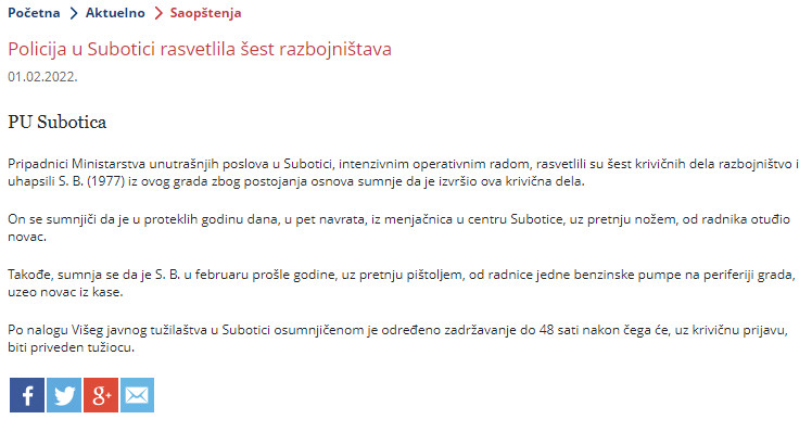Serbia-avmp/Policija-u-Subotici-rasvetlila-sest-razbojnistava