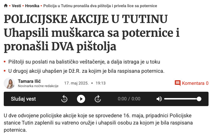 Serbia-avmp/Policija-u-Tutinu-pronasla-dva-pistolja-i-privela-lice-sa-poternice---Blic