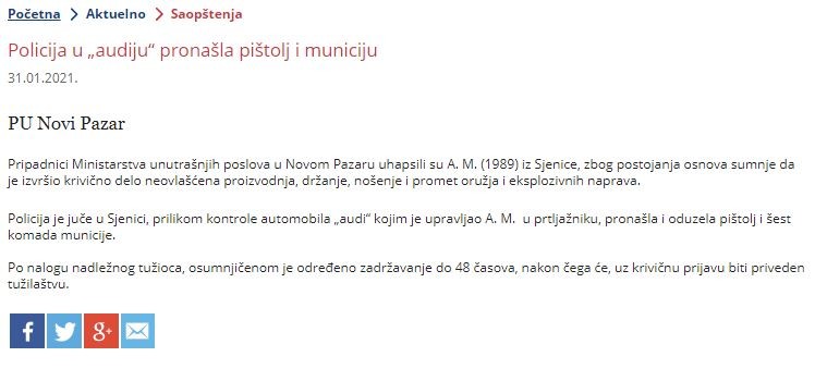Serbia-avmp/Policija-u-audiju-pronasla-pistolj-i-municiju