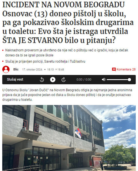 Serbia-avmp/Policija-u-skoli-na-Novom-Beogradu-zbog-prijave-o-pretnji-oruzjem---Blic