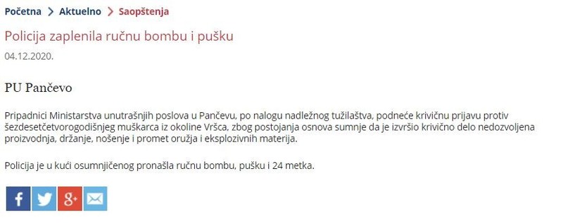 Serbia-avmp/Policija-zaplenila-rucnu-bombu-i-pusku