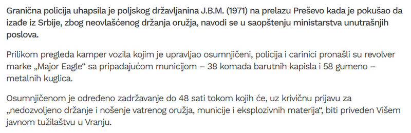 Serbia-avmp/Poljak-uhapsen-na-granici-u-kamperu-nosio-revolver-i-oruzje_1