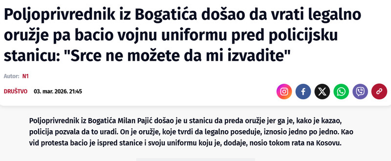 Serbia-avmp/Poljoprivrednik-iz-Bogatica-dosao-da-vrati-legalno-oruzje-pa-bacio-vojnu-uniformu-pred-policijsku-stanicu-Srce-ne-mozete-da-mi-izvadite