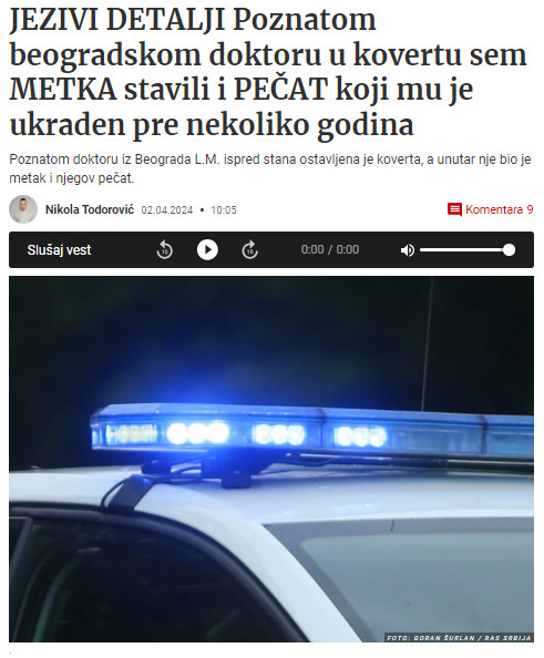 Serbia-avmp/Poznatom-doktoru-u-kovertu-sem-metka-stavili-i-pecat-koji-mu-je-ukraden-pre-ne