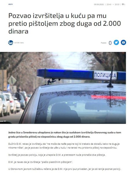 Serbia-avmp/Pozvao-izvrsitelja-u-kucu-pa-mu-pretio-pistoljem-zbog-duga-od-2.000-dinara