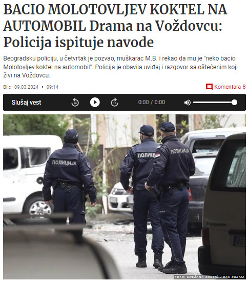 Serbia-avmp/Pozvao-policiju-i-rekao-da-mu-je-bacen-Molotovljev-koktel-na-automobil-na-Vozd